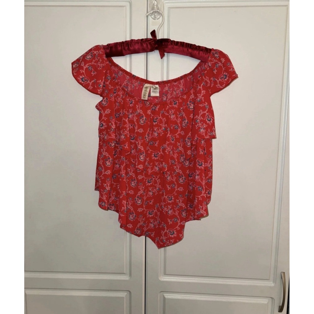 Mimi Chica Women's Red Blue Floral Off The Shoulder Blouse Size Small EUC